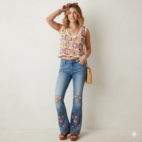 Rebellion Again Crocheted Top Women L Granny Square Sleeveless V Neck Crop Boho - Picture 2 of 14